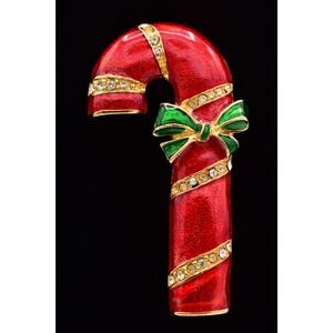 Roman Vintage Candy Cane Pin Brooch Christmas Red Crystal Green Signed 80s BinBP